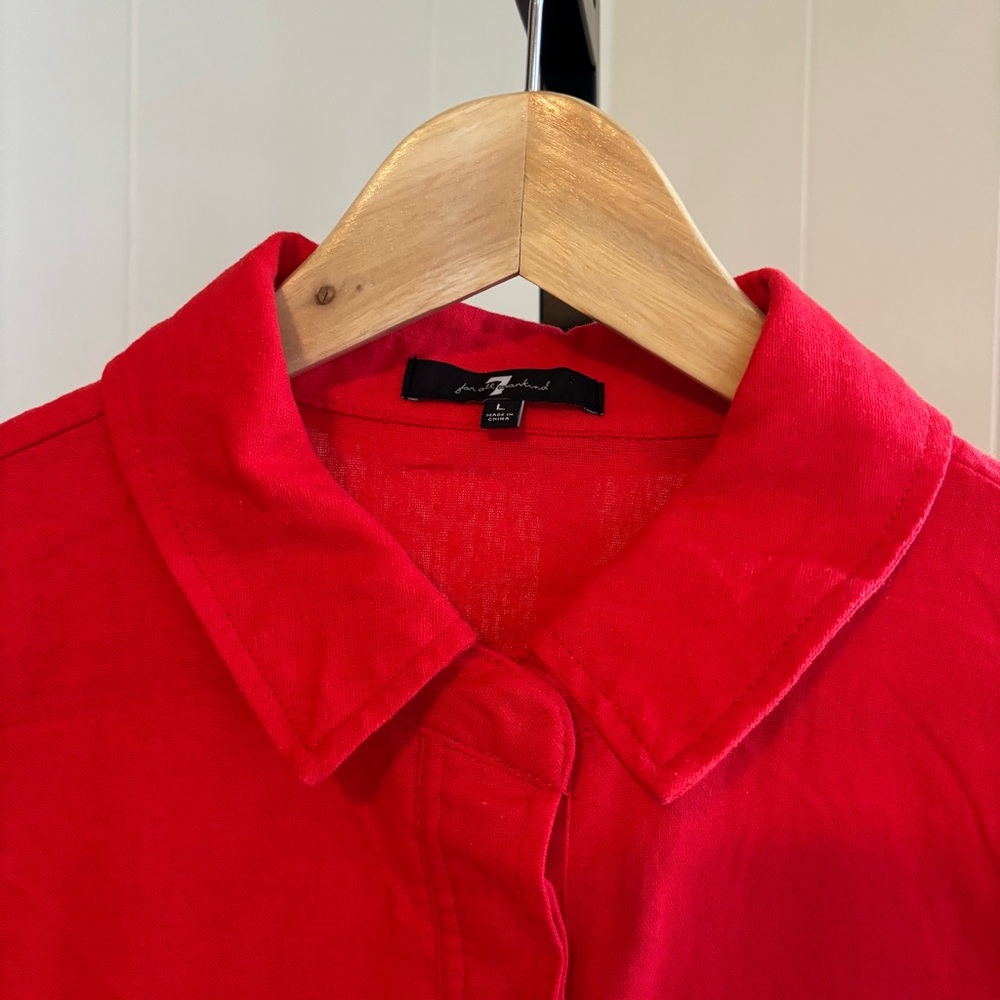 7 For All Mankind Women’s Large Tomato Red Linen Blend Snap Front Cropped Jacket